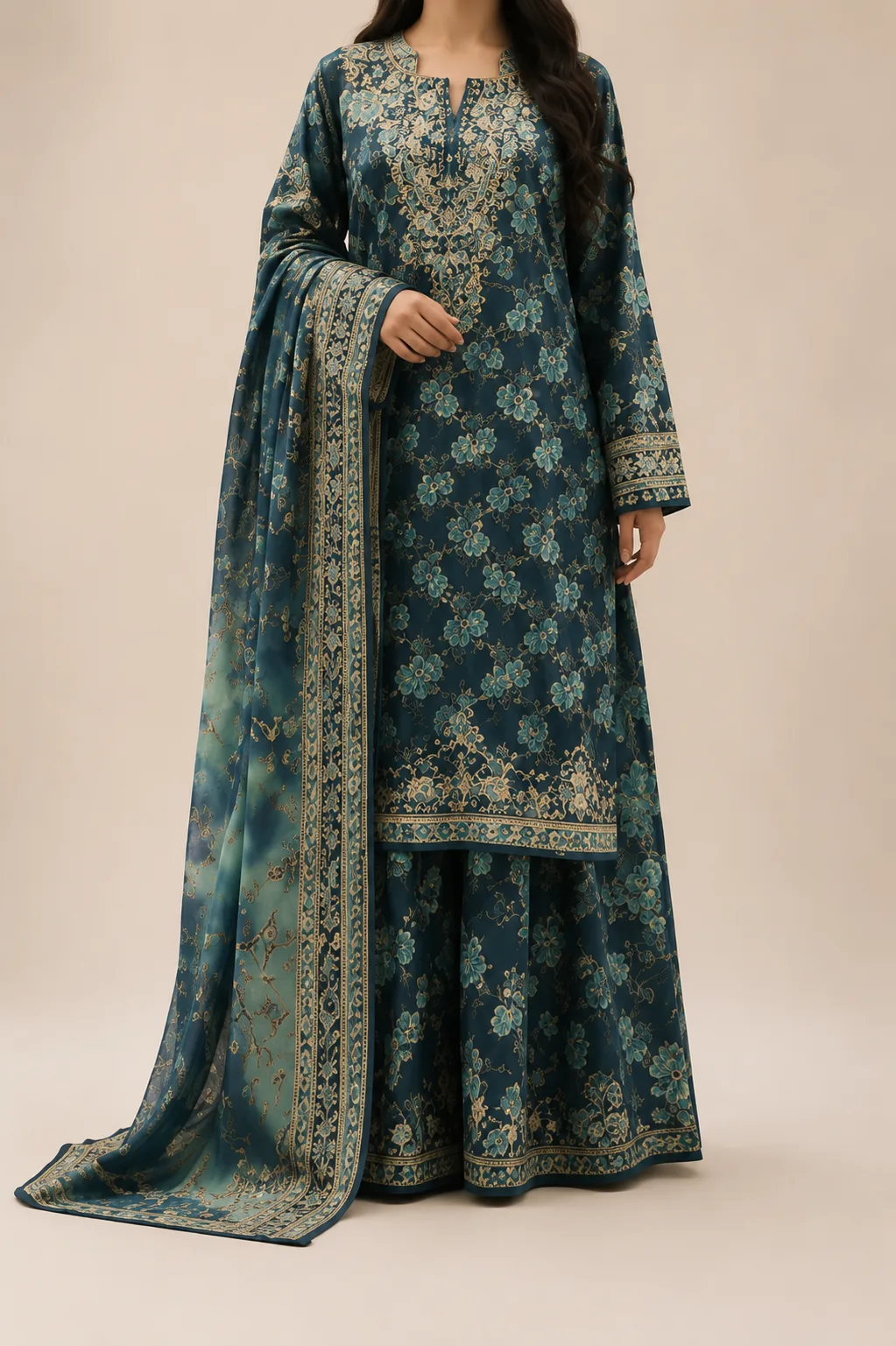Teal Embroidered Lawn Suit